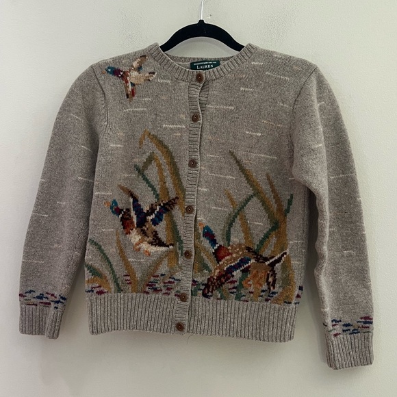 Lauren Ralph Lauren Sweaters - Lauren Ralph Lauren Taupe & Multicolor Embroidered Duck Cardigan